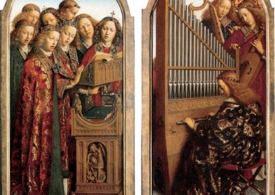 ‘Lavdant evm in cordis et organo’.  The positive on ‘De aanbidding van het Lam Gods’ {the adoration of the lamb of god} by Hubert and Jan van Eyck